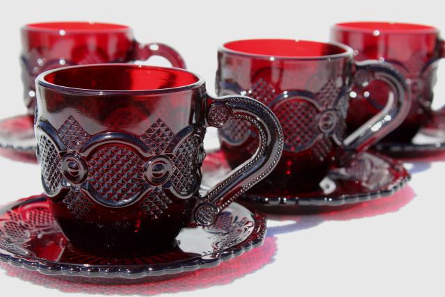 photo of 1990 vintage Avon Cape Cod ruby red glass cups and saucers, set of four #1