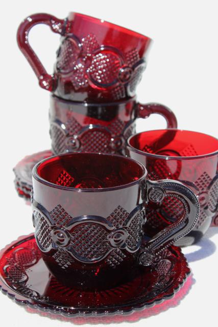 photo of 1990 vintage Avon Cape Cod ruby red glass cups and saucers, set of four #2