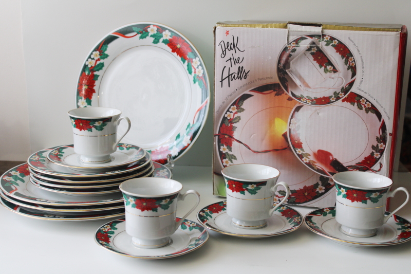 photo of 1990s Deck the Halls holiday dishes Christmas poinsettia Tienshan china set for 4 in box #1