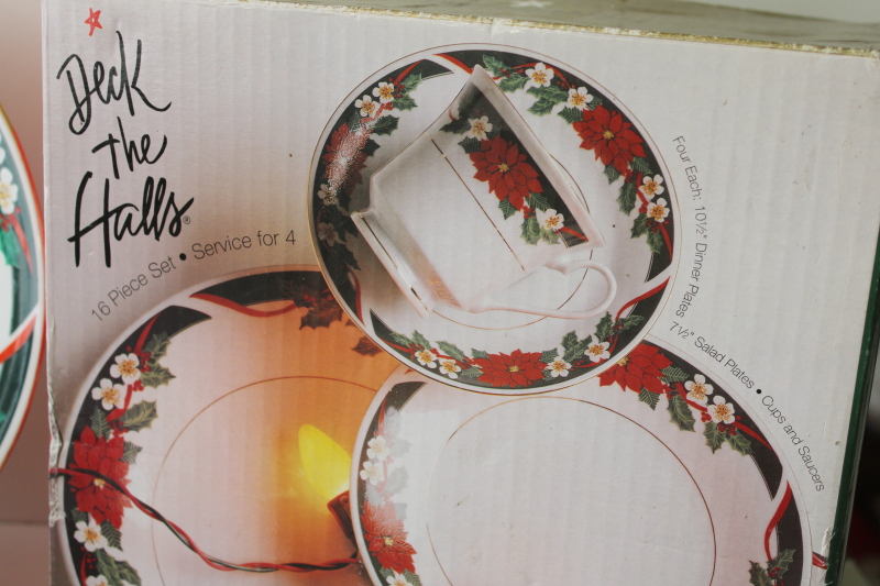 photo of 1990s Deck the Halls holiday dishes Christmas poinsettia Tienshan china set for 4 in box #2