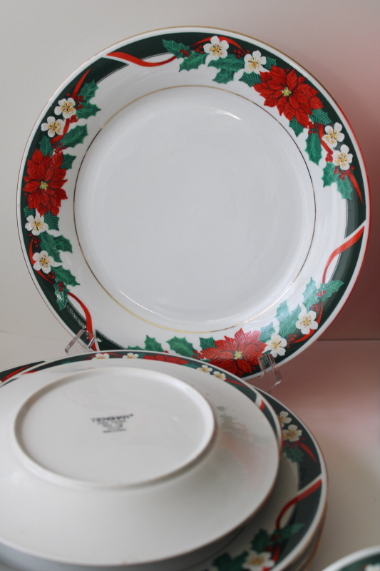 photo of 1990s Deck the Halls holiday dishes Christmas poinsettia Tienshan china set for 4 in box #5