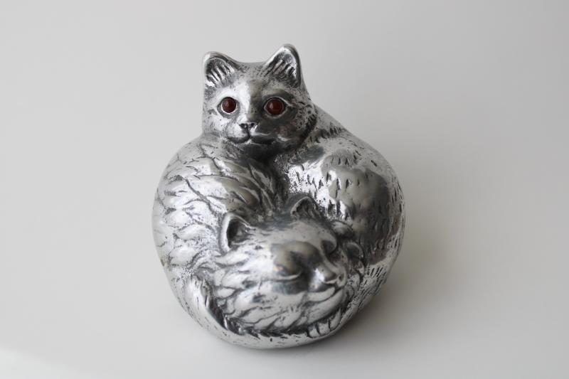 photo of 1990s vintage Arthur Court figural aluminum paperweight or figurine, kitty cats #1