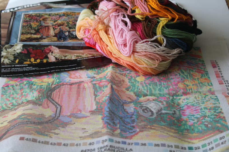 photo of 1990s vintage Bucilla needlepoint kit Art in Motion Garden of Innocence persian wool beautiful colors #1