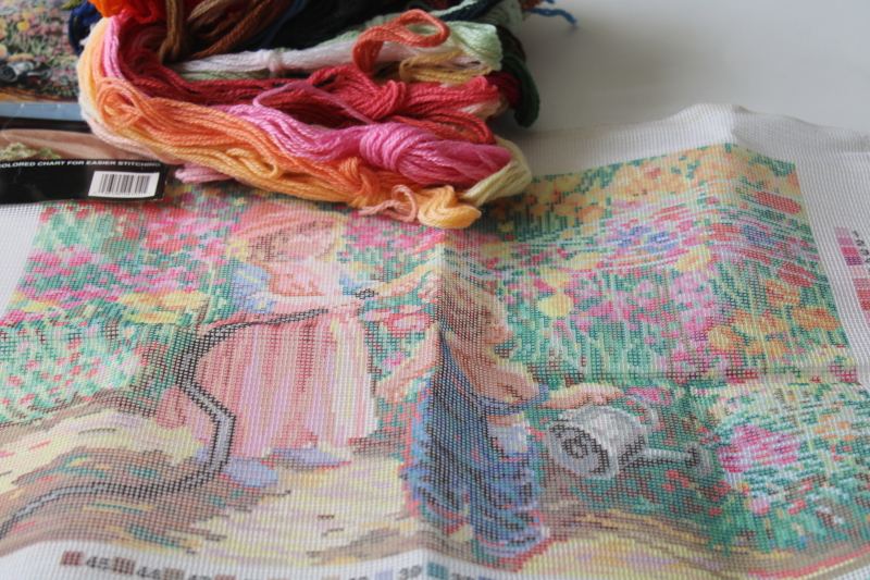photo of 1990s vintage Bucilla needlepoint kit Art in Motion Garden of Innocence persian wool beautiful colors #5