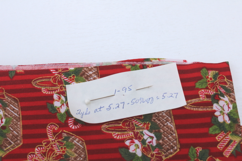 photo of 1990s vintage Christmas fabric, baskets of candy canes print quilting weight cotton #4