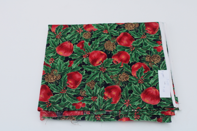 photo of 1990s vintage Christmas fabric, red apples & pinecones print quilting weight cotton #1