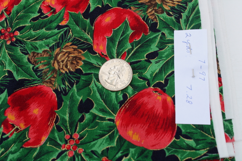 photo of 1990s vintage Christmas fabric, red apples & pinecones print quilting weight cotton #2