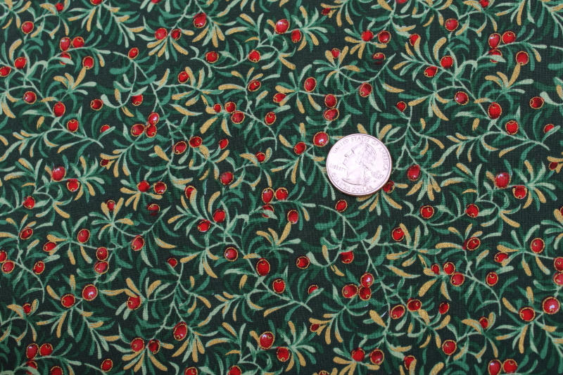 photo of 1990s vintage Christmas fabric, red berry on green Kesslers print Concord fabrics cotton #1