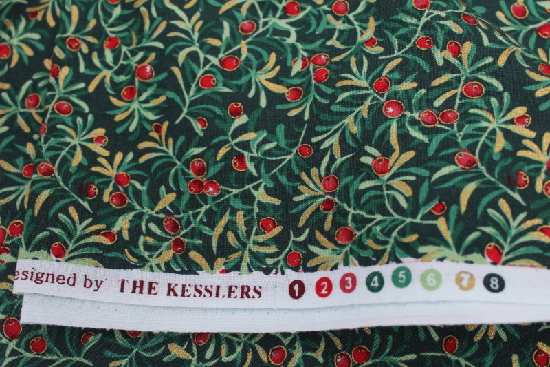 photo of 1990s vintage Christmas fabric, red berry on green Kesslers print Concord fabrics cotton #3