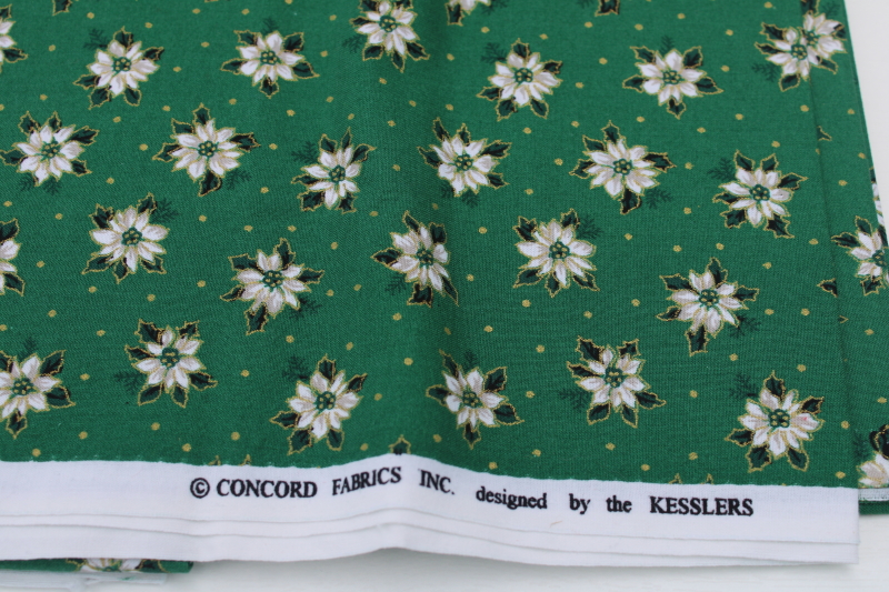 photo of 1990s vintage Christmas fabric, white poinsettias on green Kesslers print Concord fabrics cotton #3