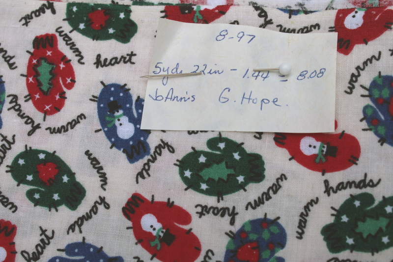 photo of 1990s vintage Christmas holiday fabric 5 plus yards mittens print quilting weight cotton #2