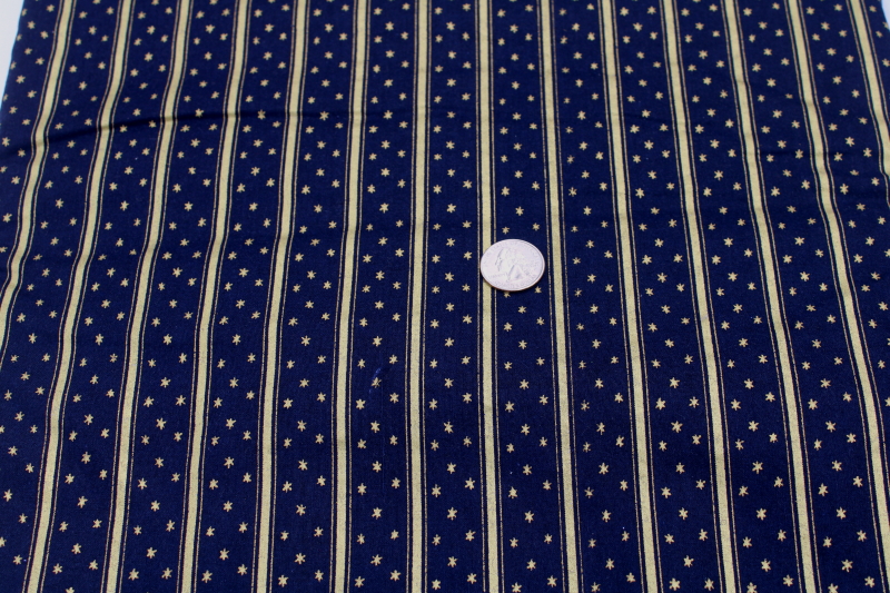 photo of 1990s vintage Cranston Print Works cotton fabric, midnight blue, striped w/ stars metallic gold #1
