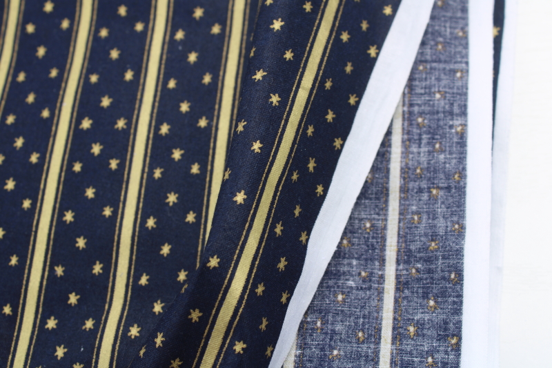 photo of 1990s vintage Cranston Print Works cotton fabric, midnight blue, striped w/ stars metallic gold #2