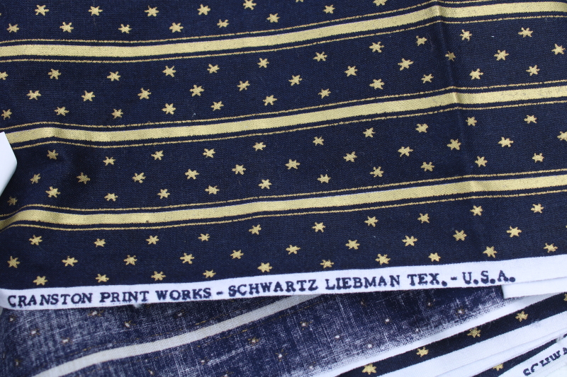 photo of 1990s vintage Cranston Print Works cotton fabric, midnight blue, striped w/ stars metallic gold #3