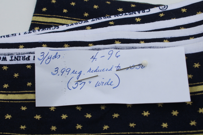 photo of 1990s vintage Cranston Print Works cotton fabric, midnight blue, striped w/ stars metallic gold #4