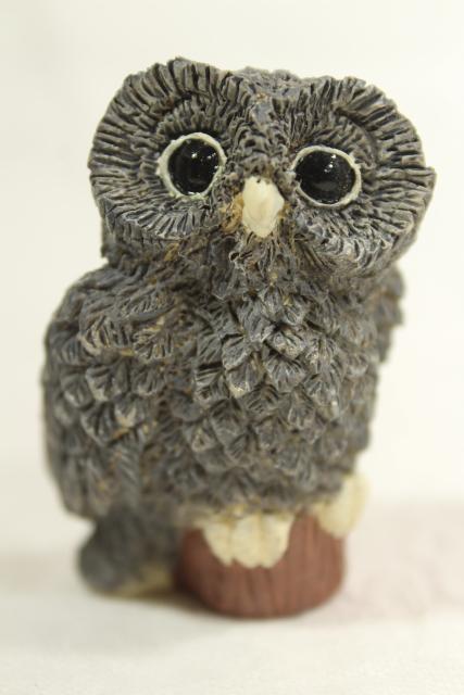 photo of 1990s vintage Enesco resin figurines, collection of owls, Kathy Wise label #9