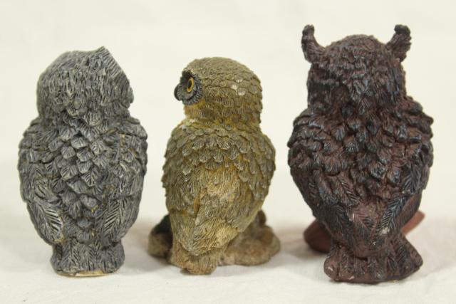 photo of 1990s vintage Enesco resin figurines, collection of owls, Kathy Wise label #12