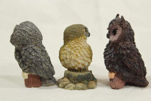 photo of 1990s vintage Enesco resin figurines, collection of owls, Kathy Wise label #13