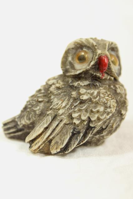 photo of 1990s vintage Enesco resin figurines, collection of owls, Kathy Wise label #15