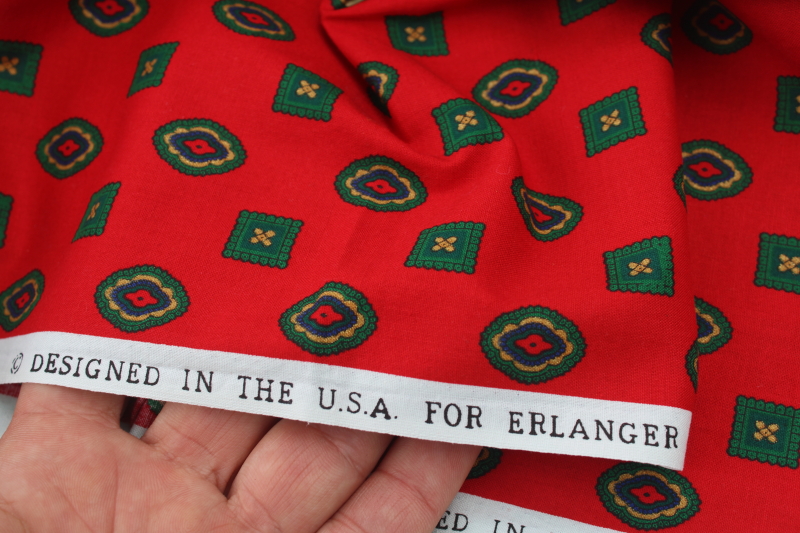 photo of 1990s vintage Erlanger silky smooth cotton fabric, foulard print green on red #3