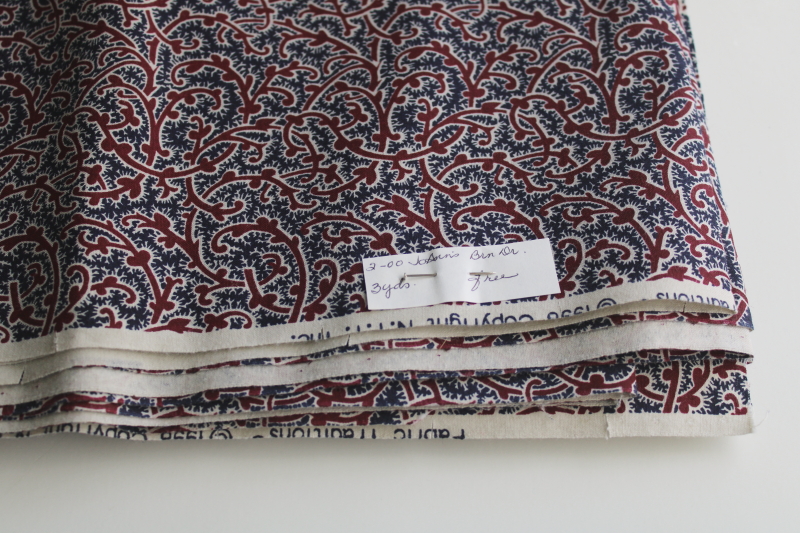 photo of 1990s vintage Fabric Traditions cotton, paisley ferns print navy blue & wine red  #3