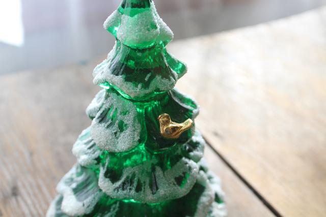 photo of 1990s vintage Fenton glass Christmas tree, snow dusted green pine w/ gold bird #3