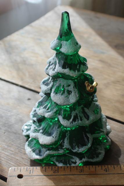 photo of 1990s vintage Fenton glass Christmas tree, snow dusted green pine w/ gold bird #6