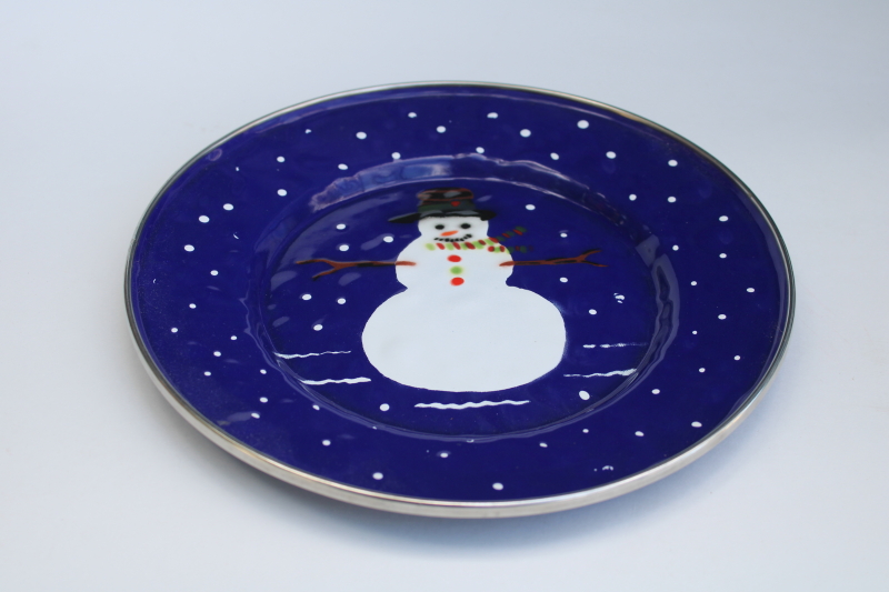 photo of 1990s vintage Golden Rabbit enamelware, dinner or serving plate w/ Christmas snowman on cobalt blue  #1