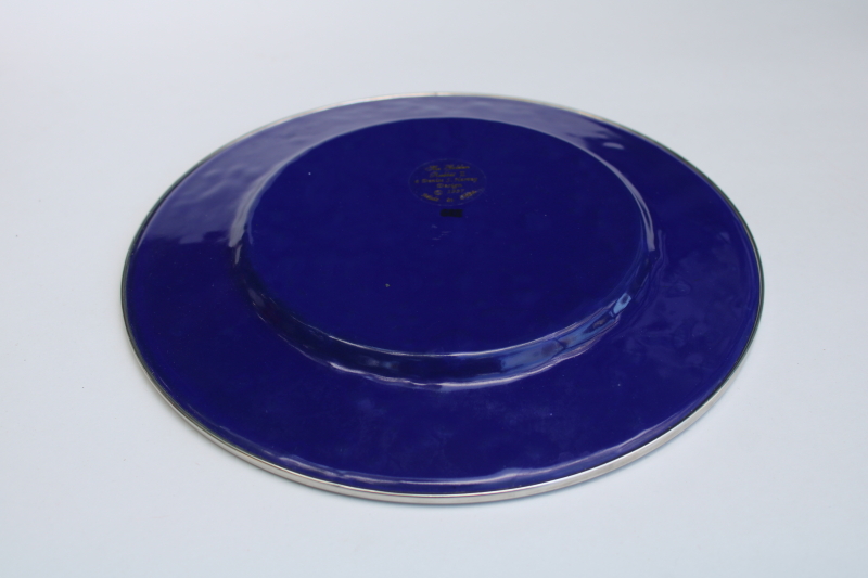 photo of 1990s vintage Golden Rabbit enamelware, dinner or serving plate w/ Christmas snowman on cobalt blue  #3