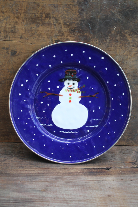 photo of 1990s vintage Golden Rabbit enamelware, dinner or serving plate w/ Christmas snowman on cobalt blue  #4