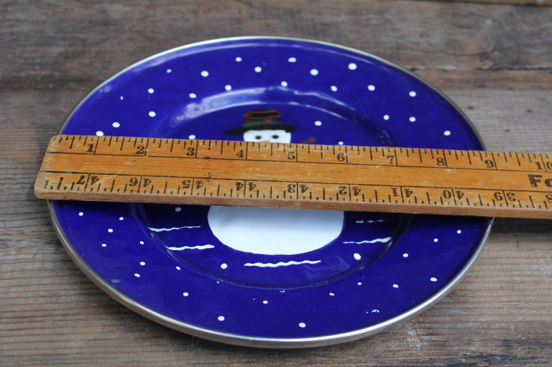 photo of 1990s vintage Golden Rabbit enamelware, dinner or serving plate w/ Christmas snowman on cobalt blue  #5
