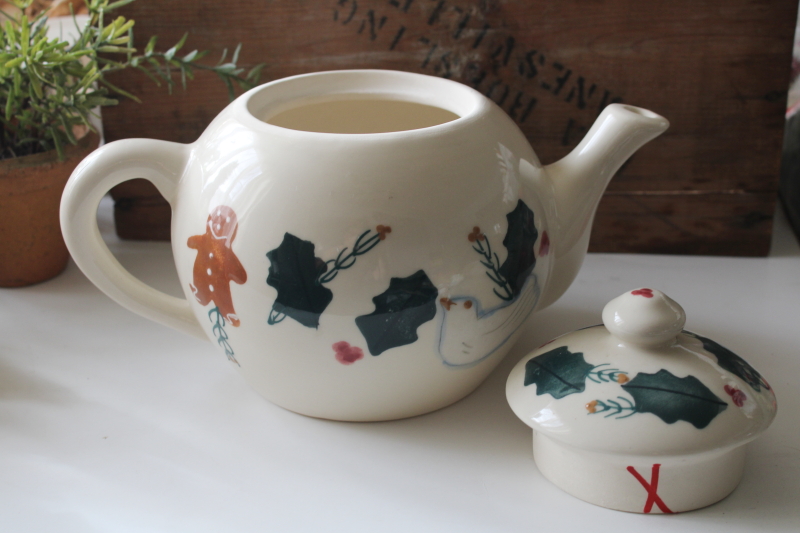 photo of 1990s vintage Hartstone Christmas Traditions stoneware pottery, large tea pot #2