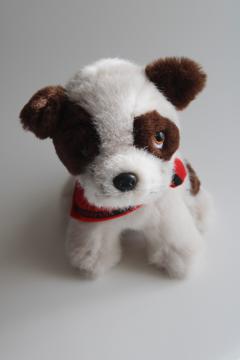 catalog photo of 1990s vintage Jack Russell terrier plush stuffed toy dog Wells Fargo Jack puppy w/ bandana