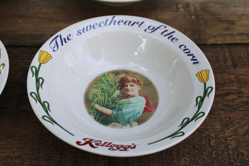 photo of 1990s vintage Kellogg's cereal bowls w/ antique advertising prints set of 4 #2