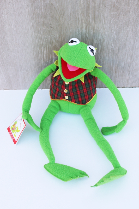 photo of 1990s vintage Kermit the Frog doll in plaid Christmas vest, Eden for Kohls tag #1