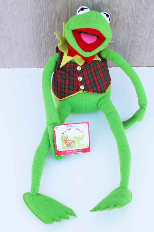 photo of 1990s vintage Kermit the Frog doll in plaid Christmas vest, Eden for Kohls tag #4