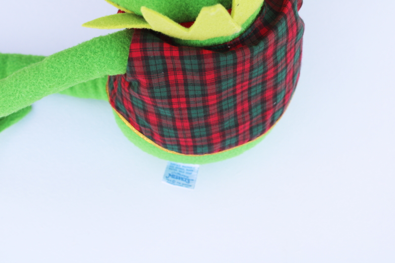 photo of 1990s vintage Kermit the Frog doll in plaid Christmas vest, Eden for Kohls tag #5