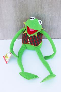 catalog photo of 1990s vintage Kermit the Frog doll in plaid Christmas vest, Eden for Kohls tag