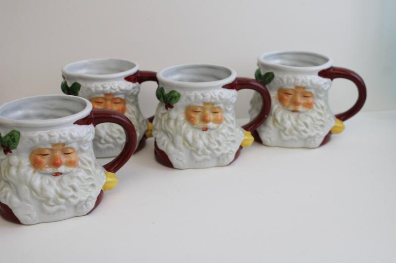 photo of 1990s vintage Santa head mugs, burgundy red hand painted ceramic mug set of 4 #1