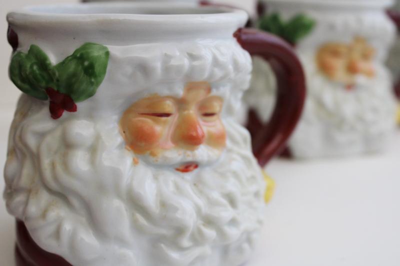 photo of 1990s vintage Santa head mugs, burgundy red hand painted ceramic mug set of 4 #2