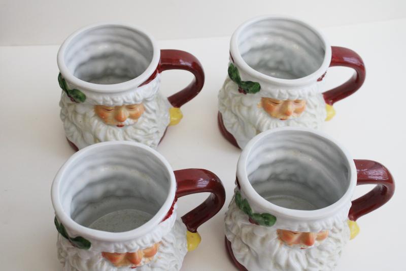 photo of 1990s vintage Santa head mugs, burgundy red hand painted ceramic mug set of 4 #4