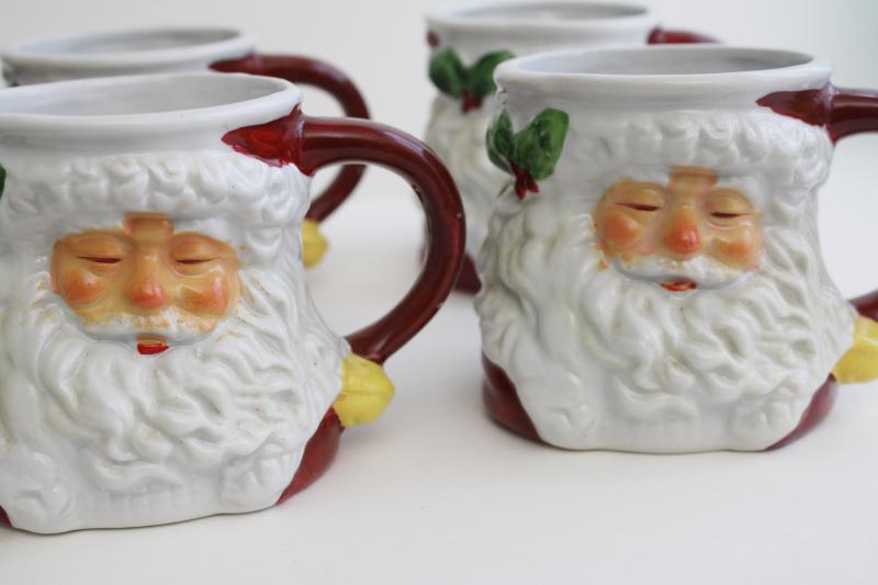 photo of 1990s vintage Santa head mugs, burgundy red hand painted ceramic mug set of 4 #6