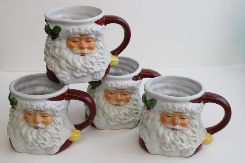 photo of 1990s vintage Santa head mugs, burgundy red hand painted ceramic mug set of 4 #8