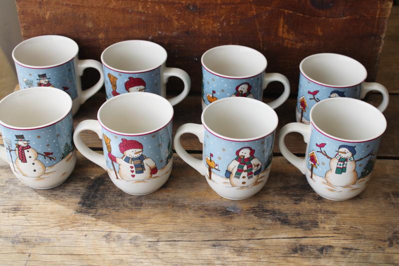 photo of 1990s vintage Snowman Seranade mugs or coffee cups set of 8, four different designs #1