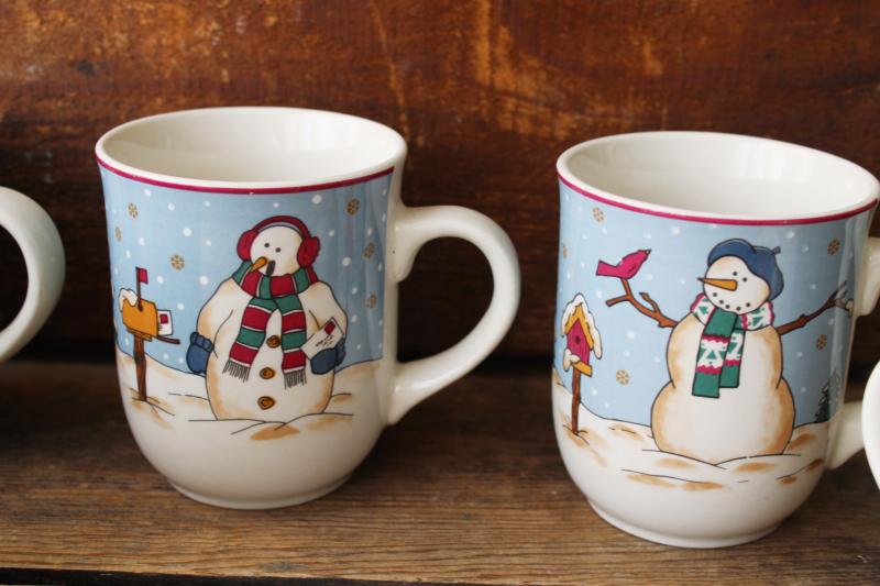 photo of 1990s vintage Snowman Seranade mugs or coffee cups set of 8, four different designs #2