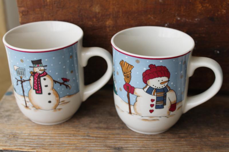 photo of 1990s vintage Snowman Seranade mugs or coffee cups set of 8, four different designs #3