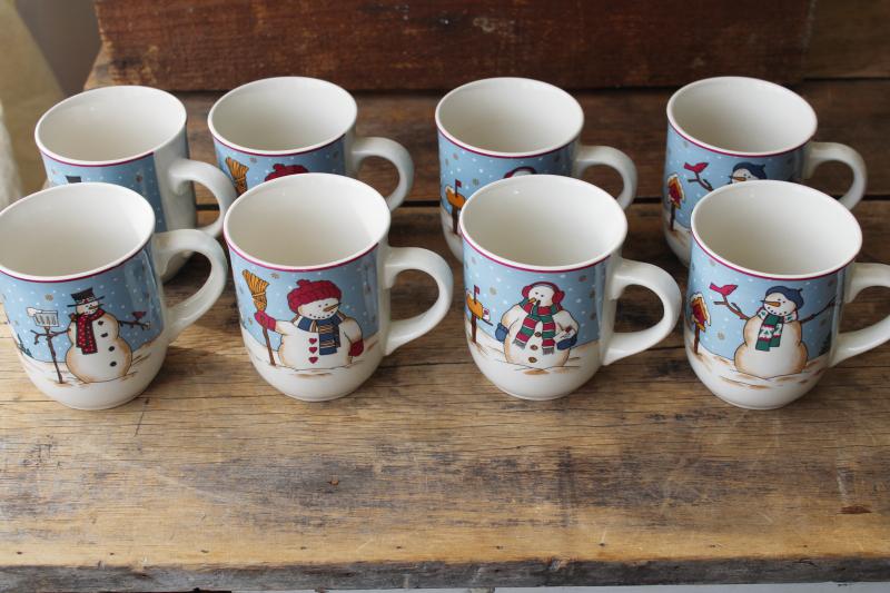 photo of 1990s vintage Snowman Seranade mugs or coffee cups set of 8, four different designs #6