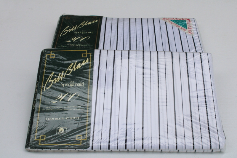 photo of 1990s vintage Springmaid full size sheets sealed, Bill Blass black on white classic menswear stripe bedding #1