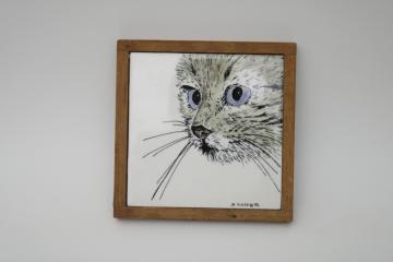 1990s vintage Susan Lilly signed ceramic tile trivet, blue eyed cat art wood frame