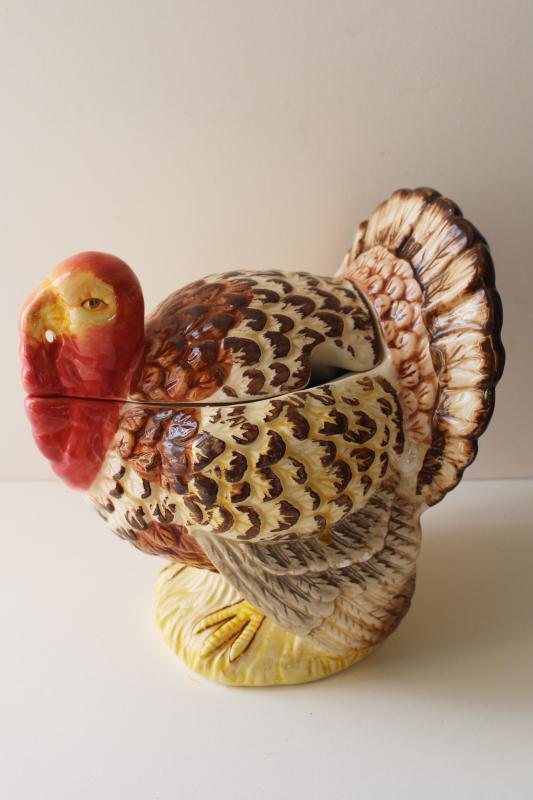 photo of 1990s vintage Thanksgiving turkey mini tureen for soup or gravy, ceramic tom turkey #1